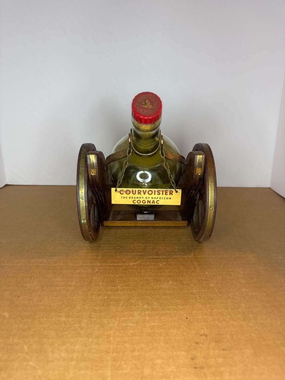 VTG Courvoisier 3 Star Luxe Cognac Empty Bottle w/ Wooden Cannon Display Stand